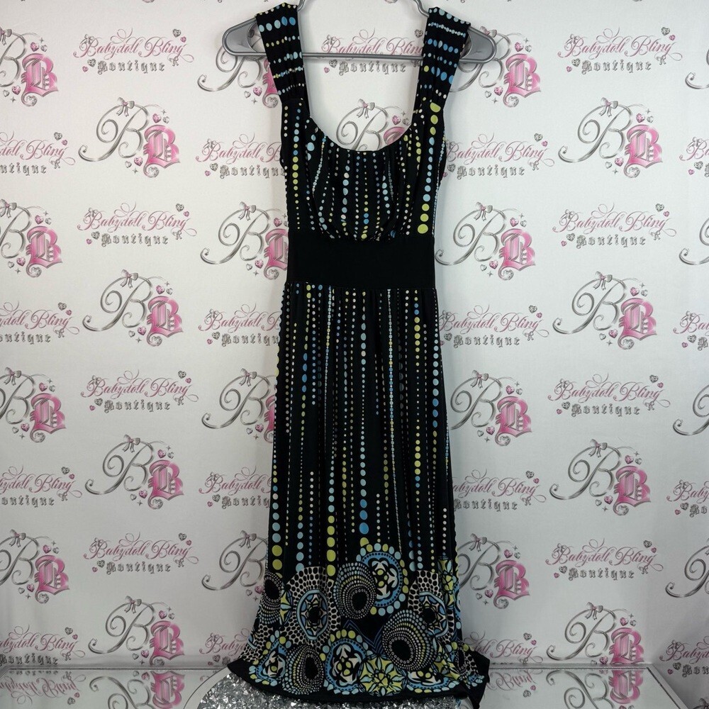 Ricki's dress Y2K polka dot groovy belt tie up waist Black and Blue Midi Dress
